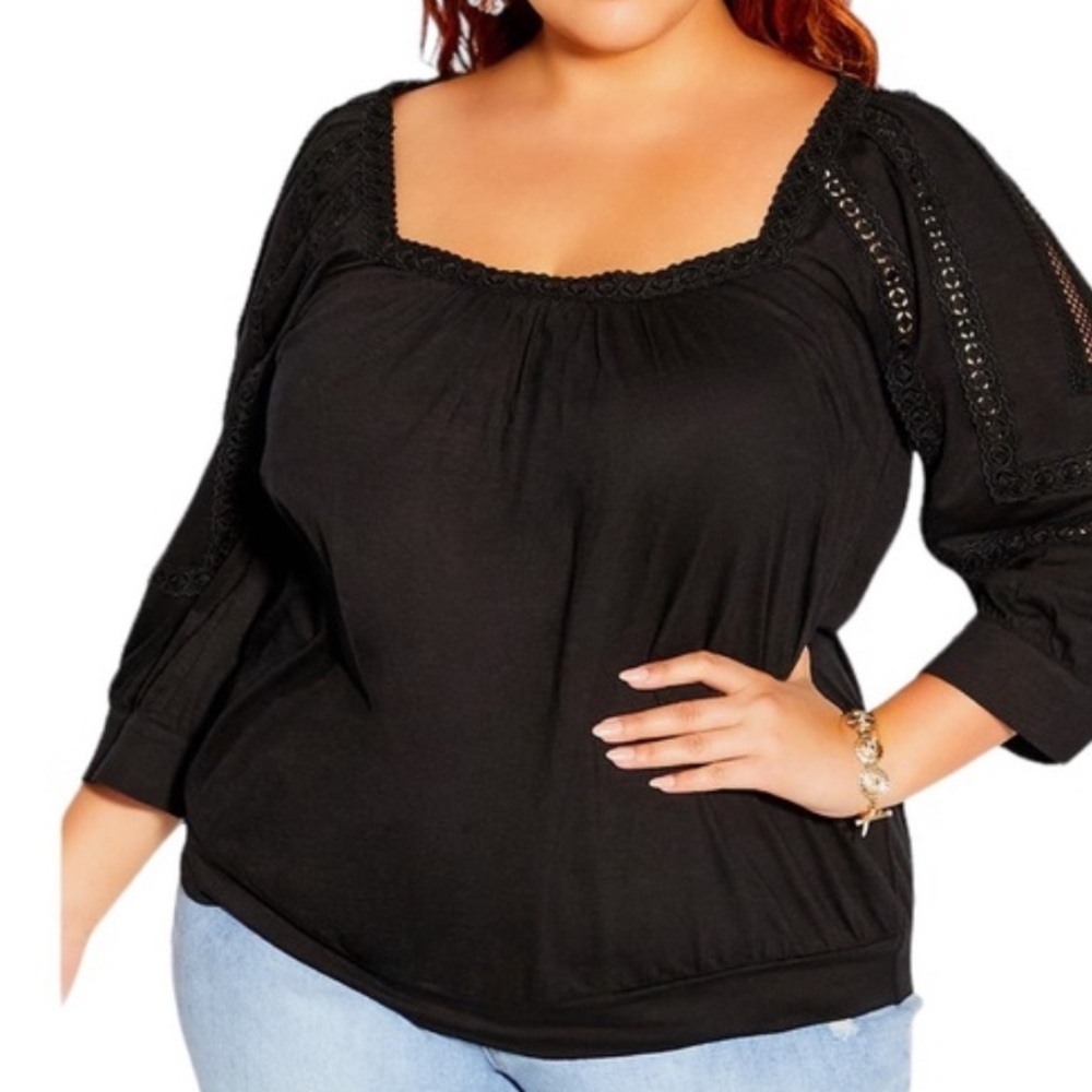 City Chic Enchanted Square Neckline Black Blouse crochet Trim Sz XL=22 Cotton